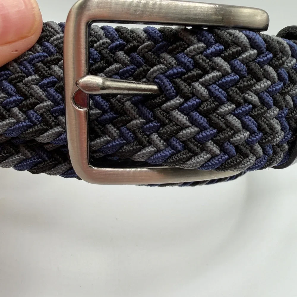 Tommy Bahama‎ Mens Braided Stretch Belt Navy Grey Black Leather Trim S/M
